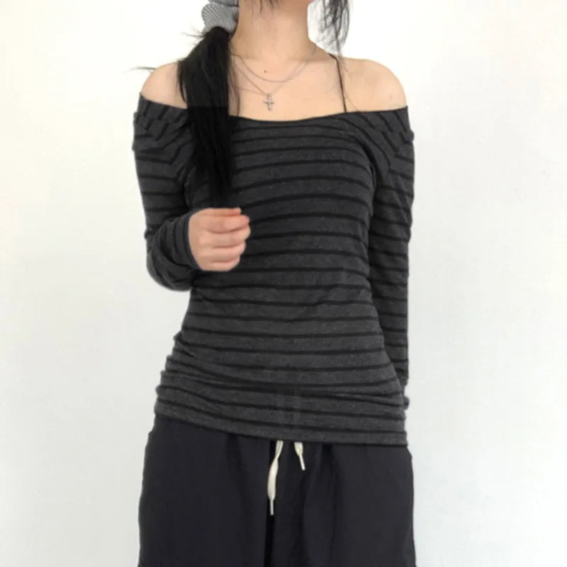 Women’s Slim Off-Shoulder Stripe Long Sleeve Tee
