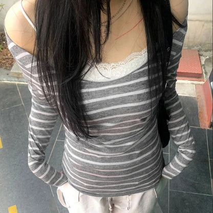 Women’s Slim Off-Shoulder Stripe Long Sleeve Tee