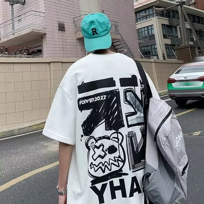 Cartoon Graffiti Tee – Short Sleeve Alphabet Print T-Shirt