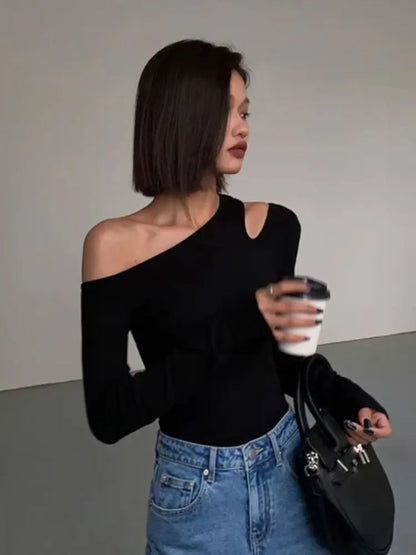Women’s Off-Shoulder Skew Collar Crop Top – Slim Fit Long Sleeve