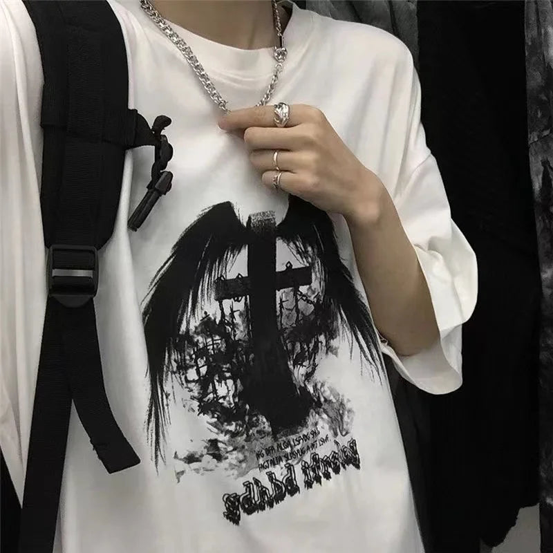 Men’s Gothic Skull Tee – Oversized Y2K Streetwear Short Sleeve