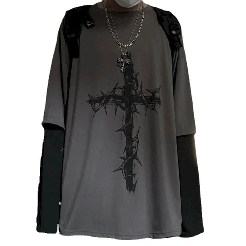 Men’s Oversized Dark Tee – Cross of Thorns Long Sleeve Y2K Streetwear