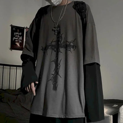 Men’s Oversized Dark Tee – Cross of Thorns Long Sleeve Y2K Streetwear