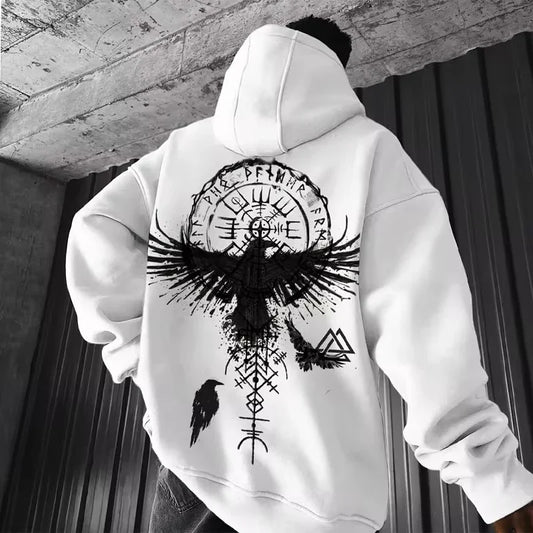 Men’s Viking Totem Hoodie – Y2K Loose Fit Eagle Print Cotton Sweatshirt