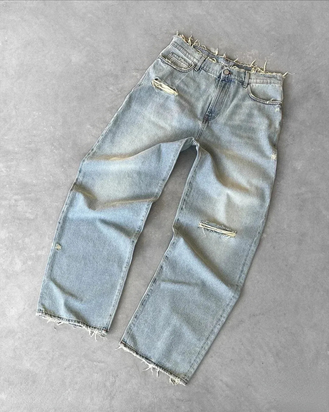 Men’s Distressed Straight Jeans – Ripped Washed Denim Ankle-Length Pants