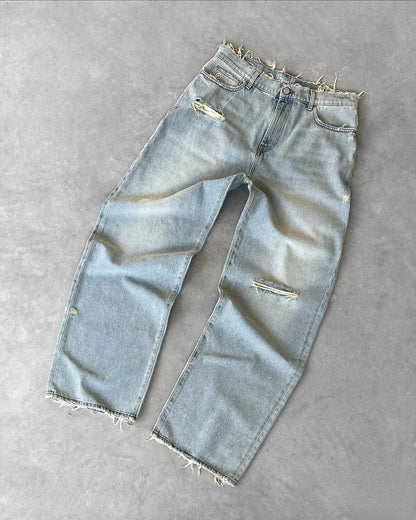 Men’s Distressed Straight Jeans – Ripped Washed Denim Ankle-Length Pants