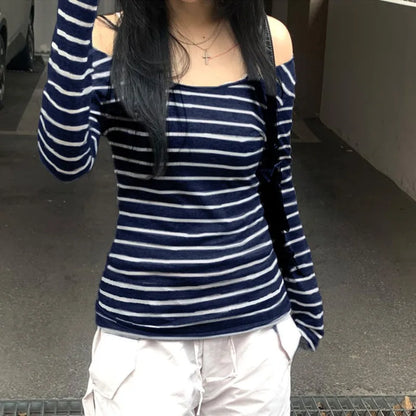 Women’s Slim Off-Shoulder Stripe Long Sleeve Tee