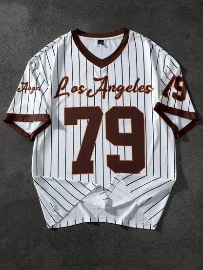 Men’s V-Neck Sports Tee – Retro Baseball Print Short Sleeve