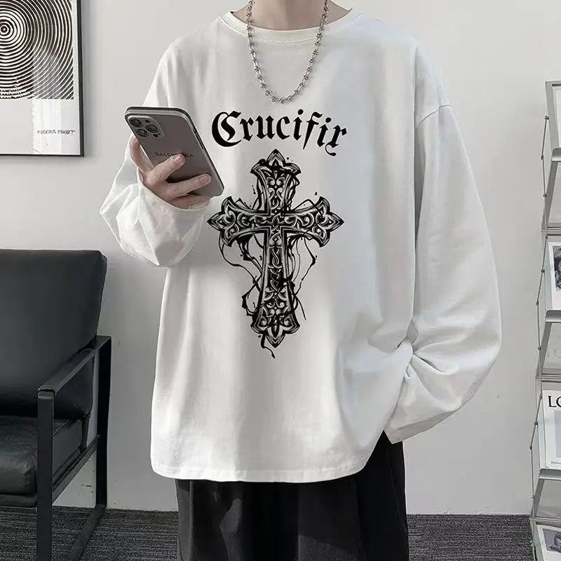 Men’s Oversized Dark Tee – Cross of Thorns Long Sleeve Y2K Streetwear