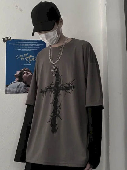 Men’s Oversized Dark Tee – Cross of Thorns Long Sleeve Y2K Streetwear