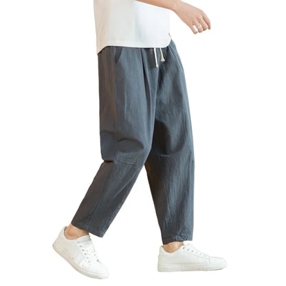 Men’s Cotton-Linen Baggy Pants – Loose Straight Lightweight Drawstring Trousers