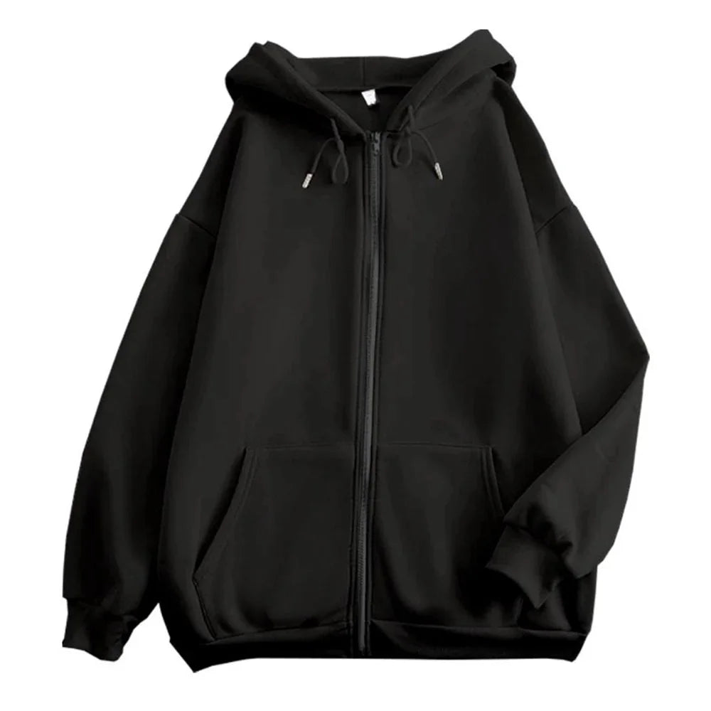 High Street Zip-Up Hoodie – Solid Color Loose Y2K Jacket