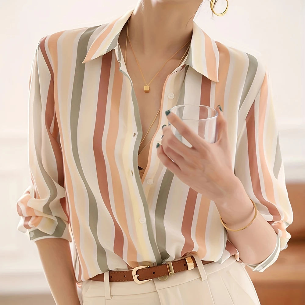 Women’s Striped Button-Up Shirt – Summer Lapel Top, Elegant Loose Fit