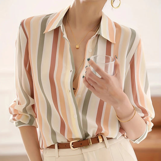 Women’s Striped Button-Up Shirt – Summer Lapel Top, Elegant Loose Fit