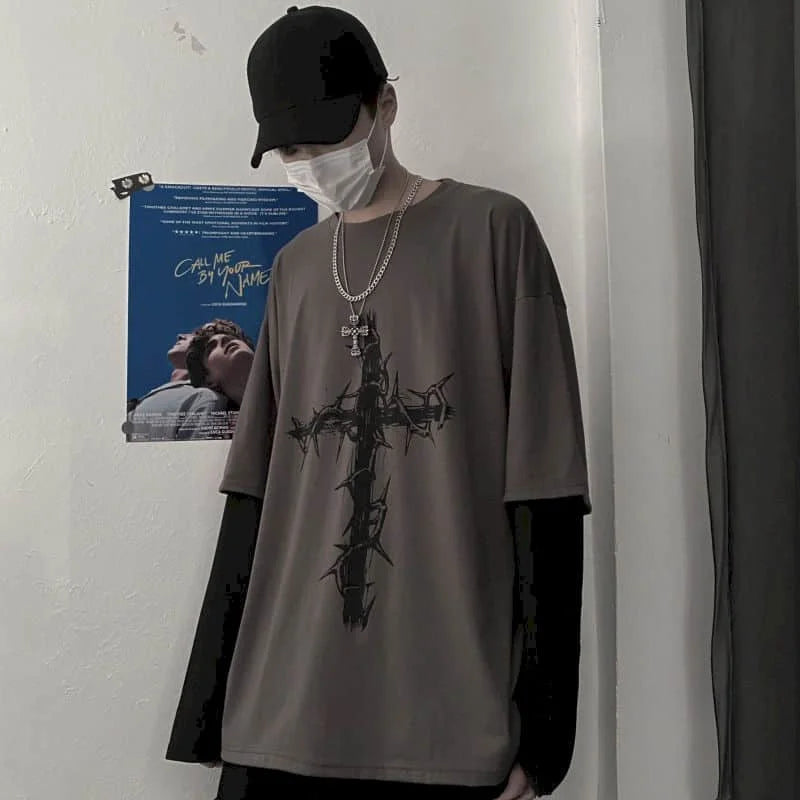 Men’s Oversized Dark Tee – Cross of Thorns Long Sleeve Y2K Streetwear