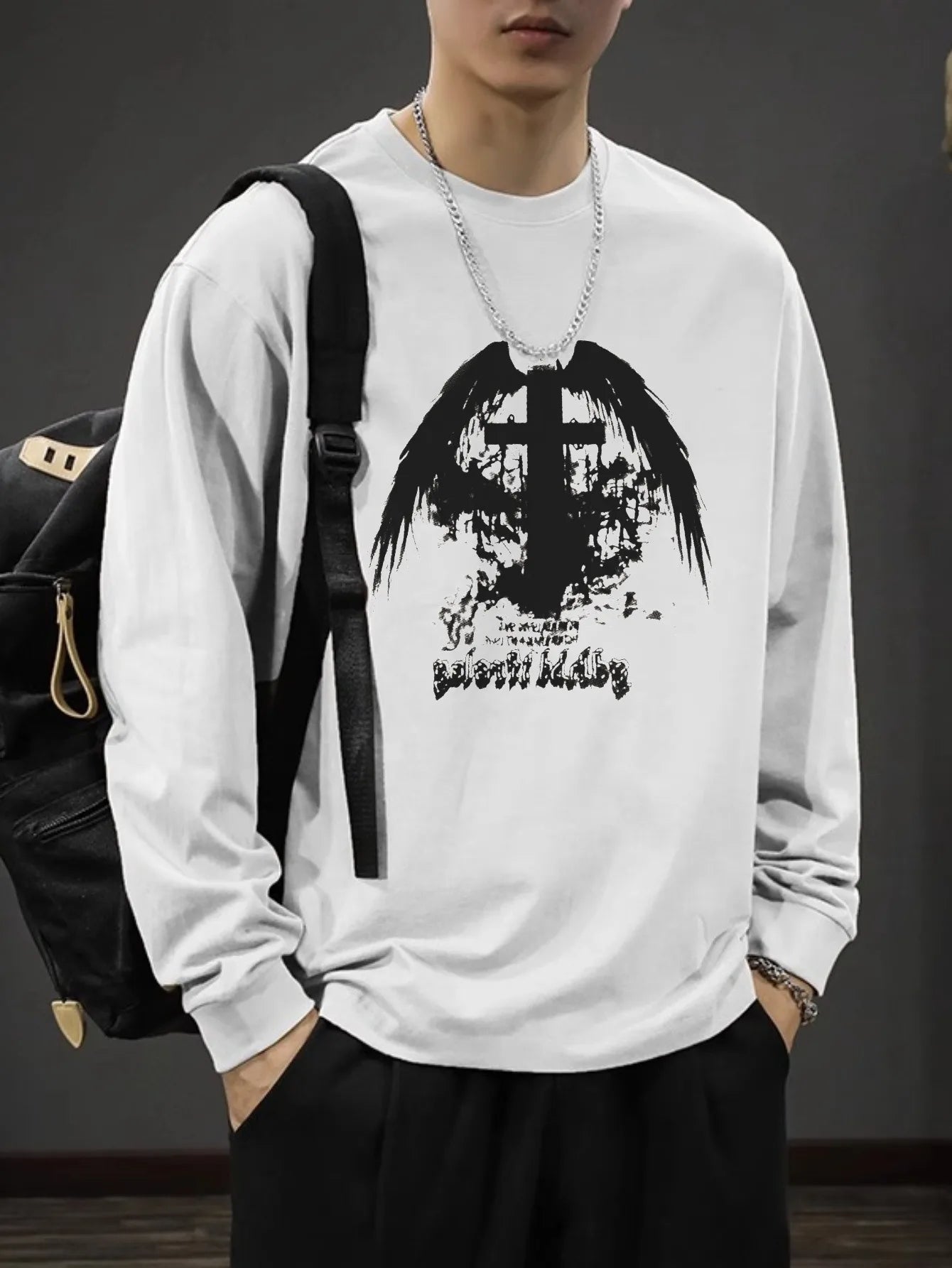 Men’s Oversized Dark Tee – Cross of Thorns Long Sleeve Y2K Streetwear