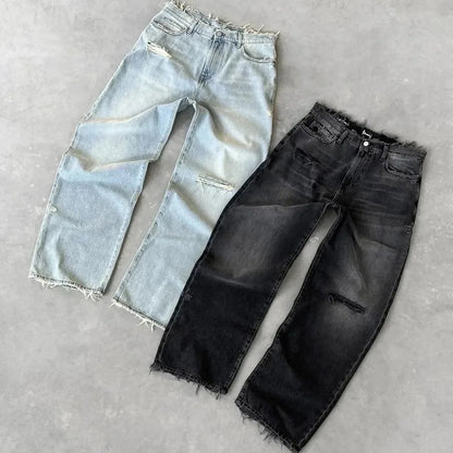 Men’s Distressed Straight Jeans – Ripped Washed Denim Ankle-Length Pants