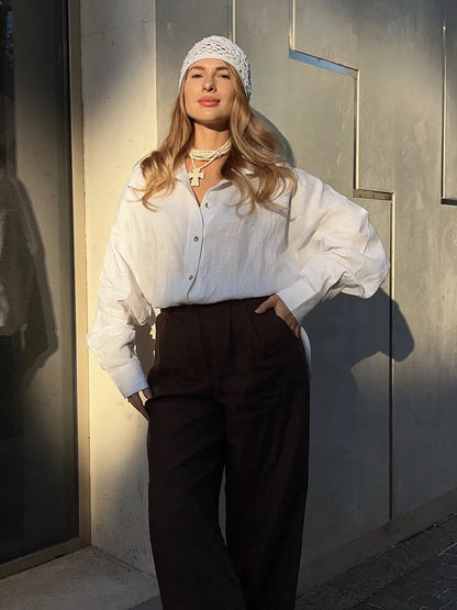 Women’s 100% Cotton Loose Shirt – Versatile Solid Color Casual Cardigan Top