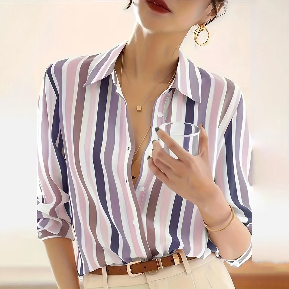 Women’s Striped Button-Up Shirt – Summer Lapel Top, Elegant Loose Fit