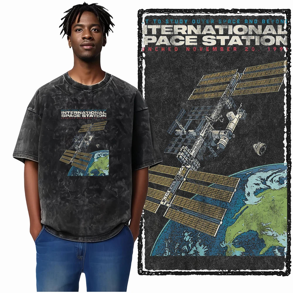 Astronaut Acid Wash Tee – Space Graphic Oversized Streetwear