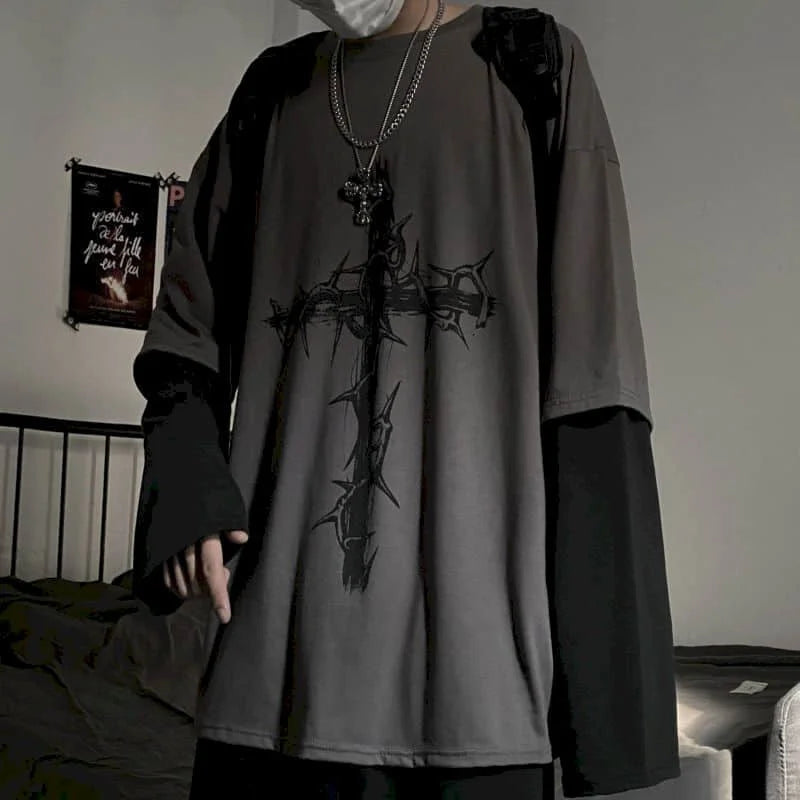 Men’s Oversized Dark Tee – Cross of Thorns Long Sleeve Y2K Streetwear
