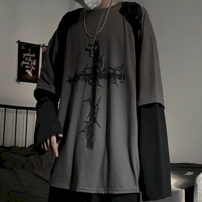 Men’s Oversized Dark Tee – Cross of Thorns Long Sleeve Y2K Streetwear