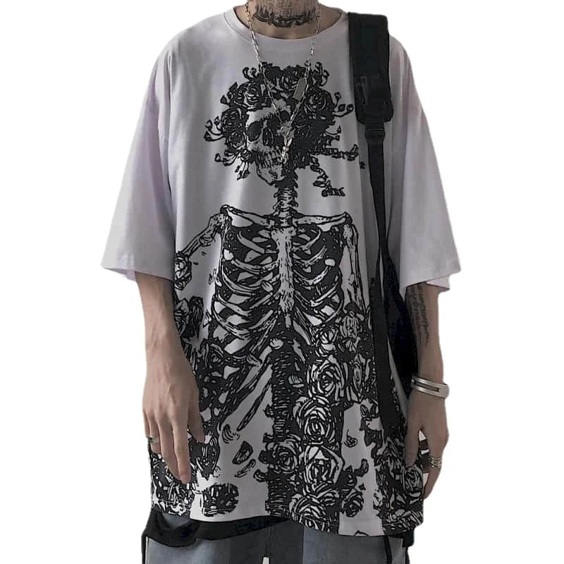 Men’s Gothic Skull Tee – Oversized Y2K Streetwear Short Sleeve