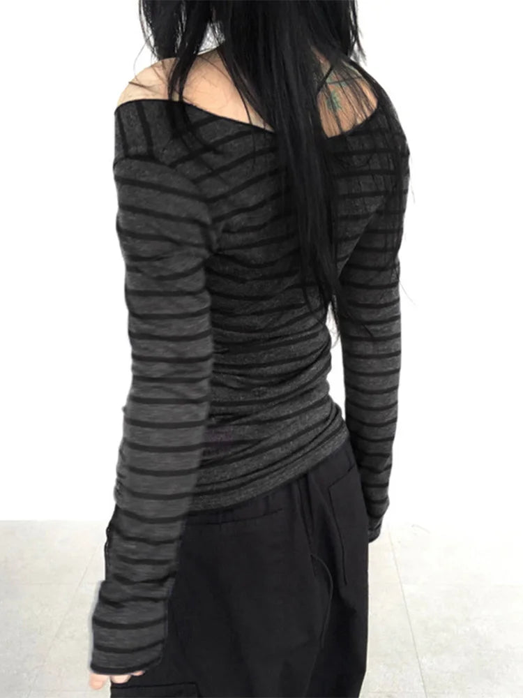 Women’s Slim Off-Shoulder Stripe Long Sleeve Tee