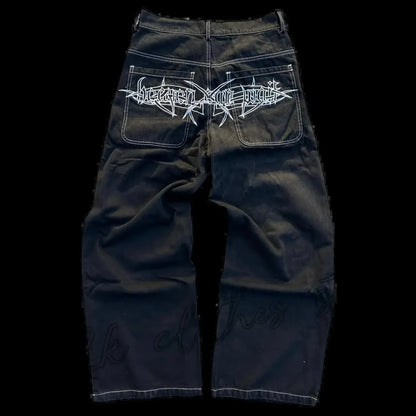Men’s Y2K Skull Embroidered Baggy Jeans – Retro Hip-Hop Wide-Leg Denim Pants