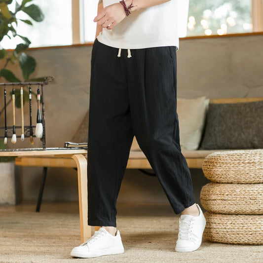 Men’s Cotton-Linen Baggy Pants – Loose Straight Lightweight Drawstring Trousers