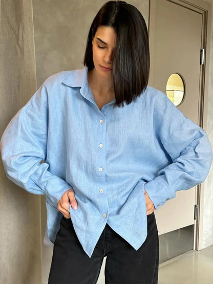 Women’s 100% Cotton Loose Shirt – Versatile Solid Color Casual Cardigan Top