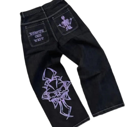Men’s Y2K Skull Embroidered Baggy Jeans – Retro Hip-Hop Wide-Leg Denim Pants
