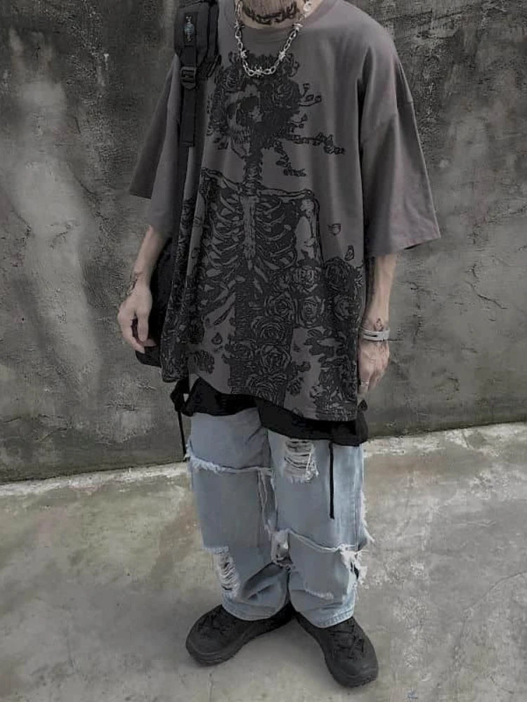 Men’s Gothic Skull Tee – Oversized Y2K Streetwear Short Sleeve