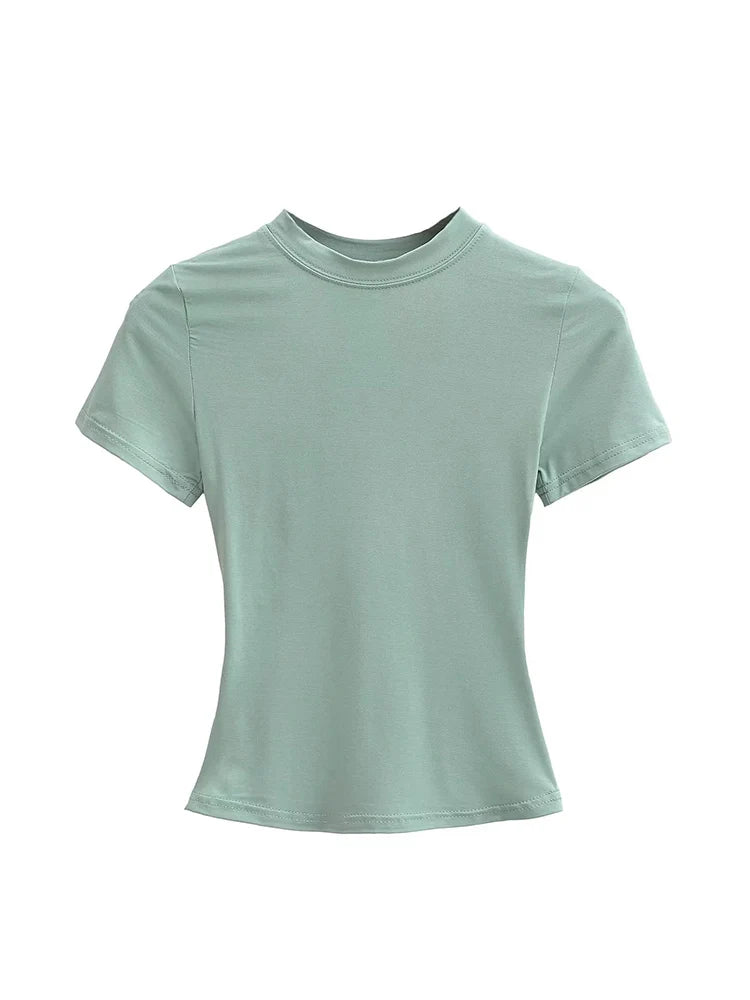 Casual Slim-Fit Short Sleeve T-Shirt – Solid Top for Women