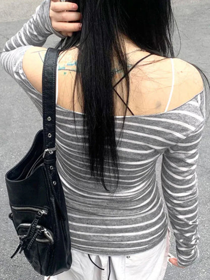 Women’s Slim Off-Shoulder Stripe Long Sleeve Tee