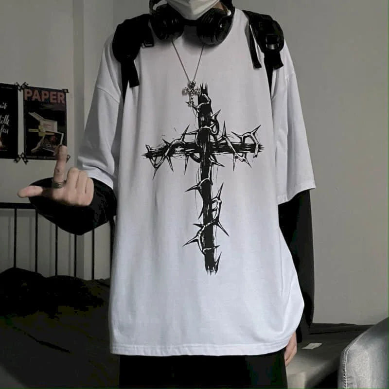 Men’s Oversized Dark Tee – Cross of Thorns Long Sleeve Y2K Streetwear