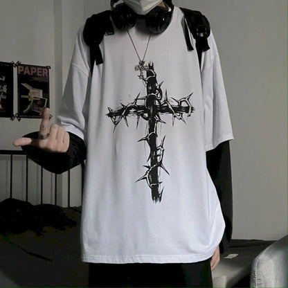 Men’s Oversized Dark Tee – Cross of Thorns Long Sleeve Y2K Streetwear