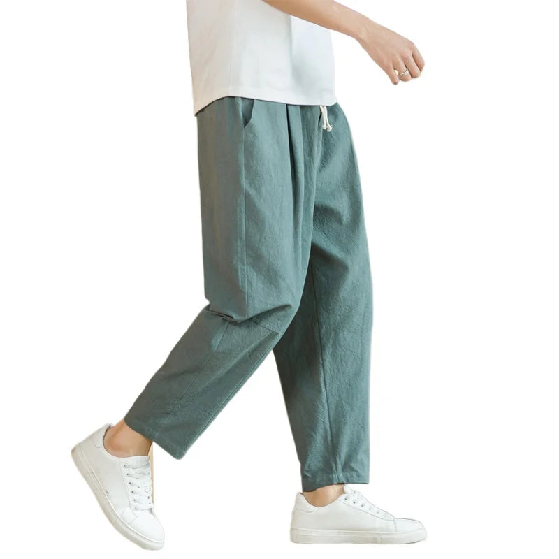Men’s Cotton-Linen Baggy Pants – Loose Straight Lightweight Drawstring Trousers