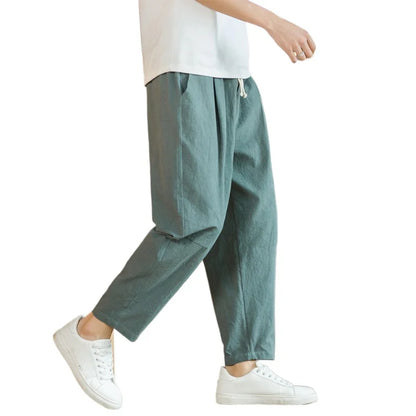 Men’s Cotton-Linen Baggy Pants – Loose Straight Lightweight Drawstring Trousers