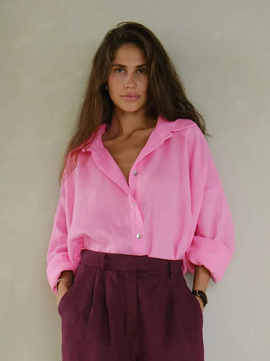 Women’s 100% Cotton Loose Shirt – Versatile Solid Color Casual Cardigan Top