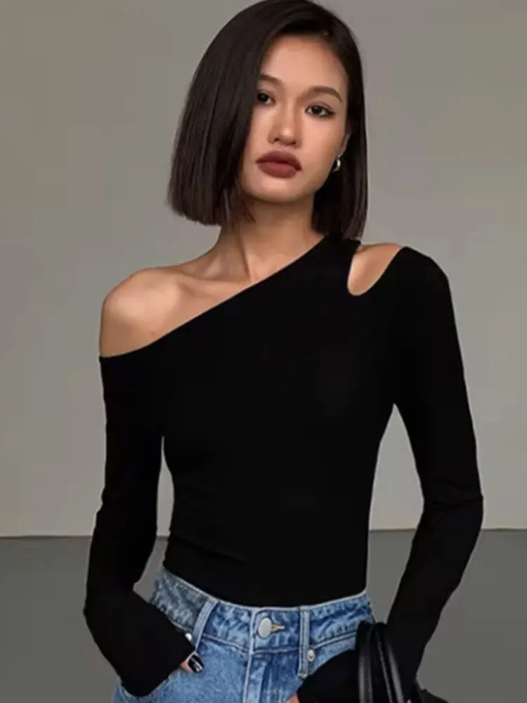 Women’s Off-Shoulder Skew Collar Crop Top – Slim Fit Long Sleeve