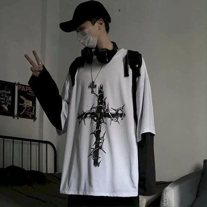 Men’s Oversized Dark Tee – Cross of Thorns Long Sleeve Y2K Streetwear