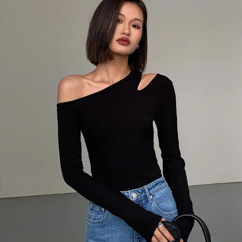 Women’s Off-Shoulder Skew Collar Crop Top – Slim Fit Long Sleeve