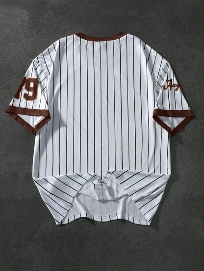 Men’s V-Neck Sports Tee – Retro Baseball Print Short Sleeve