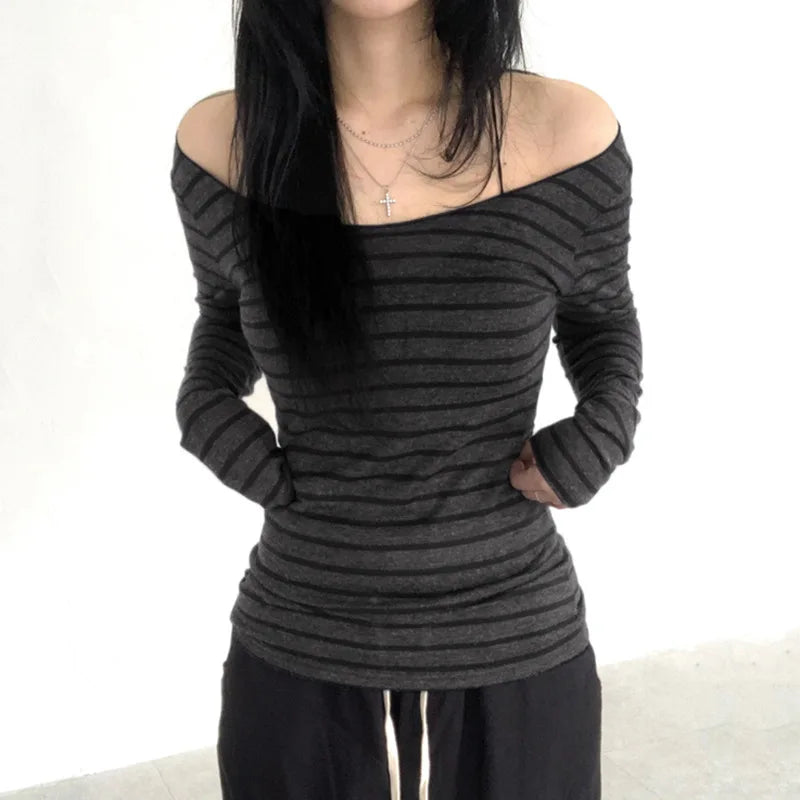 Women’s Slim Off-Shoulder Stripe Long Sleeve Tee