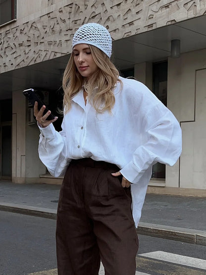 Women’s 100% Cotton Loose Shirt – Versatile Solid Color Casual Cardigan Top