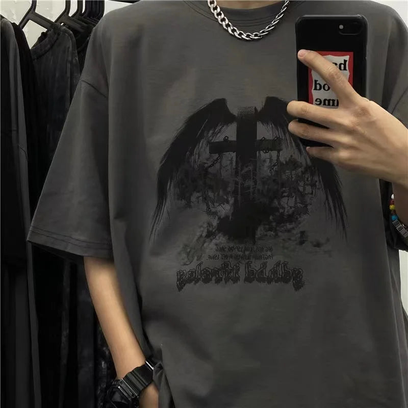 Men’s Gothic Skull Tee – Oversized Y2K Streetwear Short Sleeve
