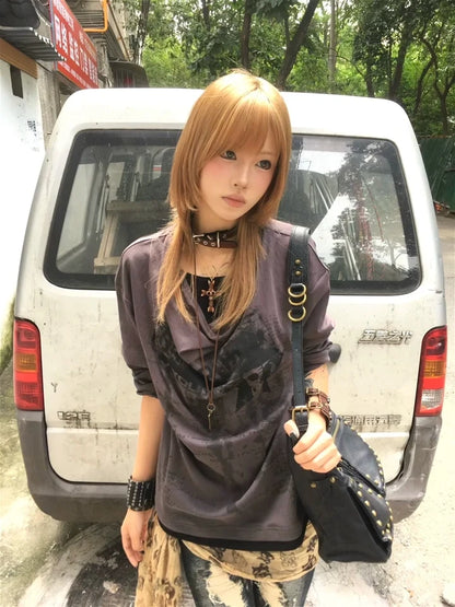 Grunge Y2K Fake Two-Piece Long Sleeve Top