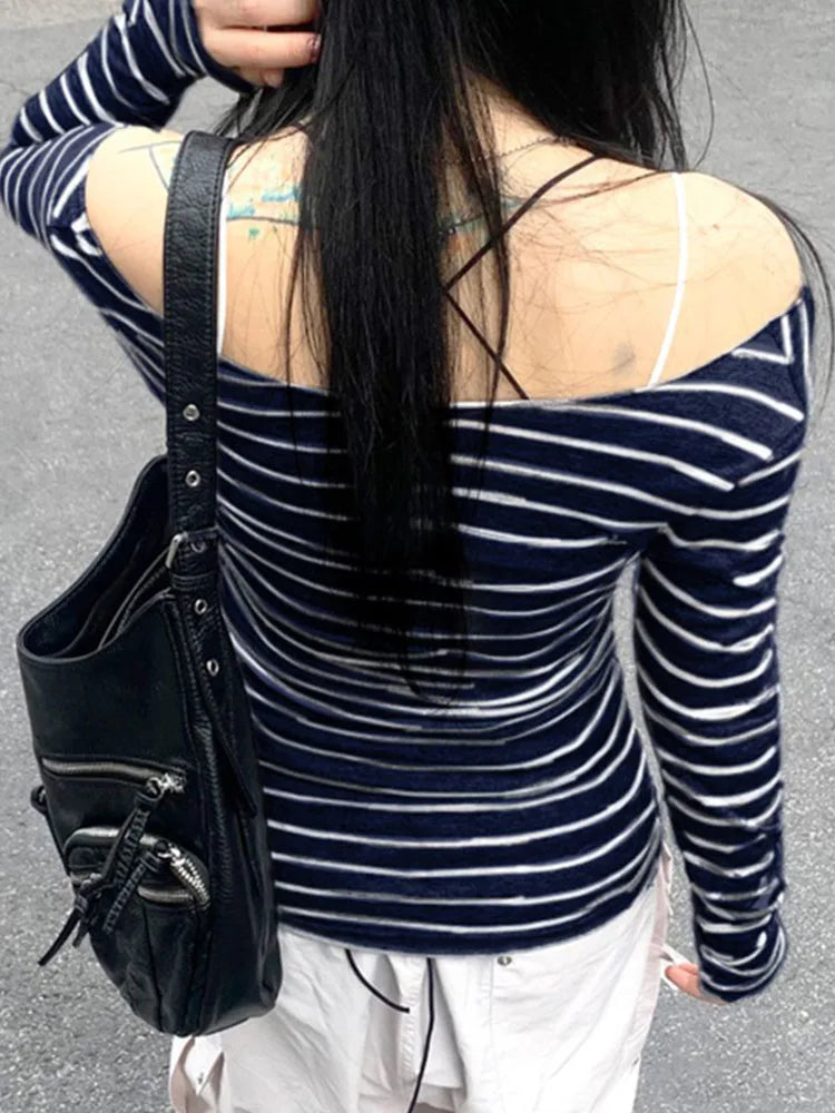 Women’s Slim Off-Shoulder Stripe Long Sleeve Tee