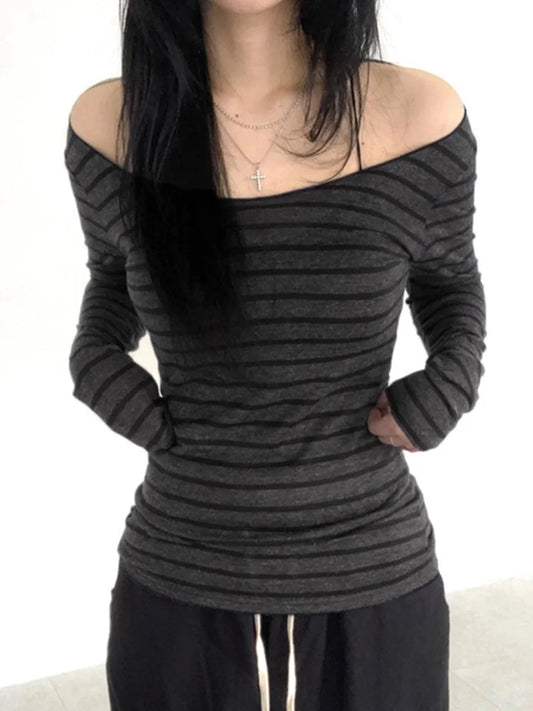 Women’s Slim Off-Shoulder Stripe Long Sleeve Tee